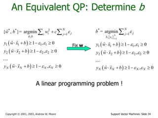 Support Vector Machines: Slide 34Copyright © 2001, 2003, Andrew W. Moore
An Equivalent QP: Determine b
A linear programming problem !
 
 
 
* * 2
1
,
1 1 1 1
2 2 2 2
{ , }= argmin
1 , 0
1 , 0
....
1 , 0
N
i ji j
w b
N N N N
w b w c
y w x b
y w x b
y w x b

 
 
 


    
    
    
 
 
 
 
 
1
*
1
,
1 1 1 1
2 2 2 2
= argmin
1 , 0
1 , 0
....
1 , 0
N
i i
N
jj
b
N N N N
b
y w x b
y w x b
y w x b


 
 
 


    
    
    

Fix w
 