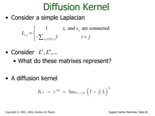 Support Vector Machines: Slide 65Copyright © 2001, 2003, Andrew W. Moore
Diffusion Kernel
• Consider a simple Laplacian
• Consider
• What do these matrixes represent?
• A diffusion kernel
,
( )
1 and are connected
1k i
i j
i j
x N x
x x
L
i j

 
  
2 4
, ,...L L
 