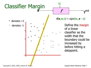 Support Vector Machines: Slide 7Copyright © 2001, 2003, Andrew W. Moore
Classifier Margin
fx
a
yest
denotes +1
denotes -1
f(x,w,b) = sign(w. x - b)
Define the margin
of a linear
classifier as the
width that the
boundary could be
increased by
before hitting a
datapoint.
 