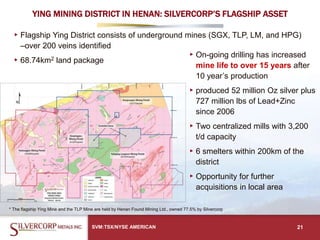 YING MINING DISTRICT IN HENAN: SILVERCORP’S FLAGSHIP ASSET
▸Flagship Ying District consists of underground mines (SGX, TLP, LM, and HPG)
–over 200 veins identified
▸68.74km2 land package
SVM:TSX/NYSE AMERICAN 21
▸On-going drilling has increased
mine life to over 15 years after
10 year’s production
▸produced 52 million Oz silver plus
727 million lbs of Lead+Zinc
since 2006
▸Two centralized mills with 3,200
t/d capacity
▸6 smelters within 200km of the
district
▸Opportunity for further
acquisitions in local area
* The flagship Ying Mine and the TLP Mine are held by Henan Found Mining Ltd., owned 77.5% by Silvercorp
 