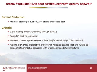 STEADY PRODUCTION AND COST CONTROL SUPPORT “QUALITY GROWTH”
Current Production:
▸Maintain steady production, with stable or reduced cost
Growth:
▸Grow existing assets organically through drilling
▸Bring BYP back to production
▸Acquired ~29.9% equity interest in New Pacific Metals Corp. (TSX-V: NUAG)
▸Acquire high grade exploration project with resource defined that can quickly be
brought into profitable operation with reasonable capital expenditures
25SVM:TSX/NYSE AMERICAN
 