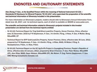 ENDNOTES AND CAUTIONARY STATEMENTS
Alex Zhang, P. Geo., is the Qualified Person within the meaning of National Instrument 43-101 –
Standards Of Disclosure for Mineral Projects (“NI 43-101”) who supervised the preparation of the scientific
and technical information of Silvercorp included in this presentation.
For more information on Silvercorp’s projects, readers should refer to Silvercorp’s Annual Information Form,
dated June 16, 2017, and its technical reports, each of which is available on SEDAR at www.sedar.com.
The scientific and technical information related to Silvercorp’s projects included in this investor
presentation are derived from the technical reports entitled:
- NI 43-101 Technical Report for Ying Gold-Silver-Lead-Zinc Property, Henan Province, China, effective
date 31 December, 2016 by P R Stephenson, P. Geo., H A Smith, P.Eng., A Ross, P. Geo, H Muller, Beng,
MAusIMM, CP
- Technical Report for BYP Gold-Lead-Zinc Property, Hunan Province, China, effective date 30 June, 2012,
prepared by P R Stephenson, P. Geo., H A Smith, P.Eng., A Riles, MAIG, M Molavi, P.Eng, D.
Nussipakynova, P.Geo., A. Ross, P.Geo.
- NI 43-101 Technical Report on the GC Ag-Zn-Pb Project in Guangdong Province, People’s Republic of
China, effective date 23 January, 2012, prepared by Brian O’Connor, P. Geo, Peter Mokos, MAusIMM
(CP), Alan Riles, MAIG, Owen Watson, MAusIMM (CP), Mo Molavi, P. Eng, Patrick Stephenson, P. Geo,
AMC Mining Consultants (Canada) Ltd.
34SVM:TSX/NYSE AMERICAN
 