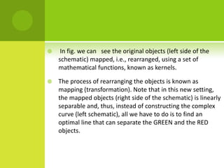     In fig. we can see the original objects (left side of the
    schematic) mapped, i.e., rearranged, using a set of
    mathematical functions, known as kernels.

   The process of rearranging the objects is known as
    mapping (transformation). Note that in this new setting,
    the mapped objects (right side of the schematic) is linearly
    separable and, thus, instead of constructing the complex
    curve (left schematic), all we have to do is to find an
    optimal line that can separate the GREEN and the RED
    objects.
 