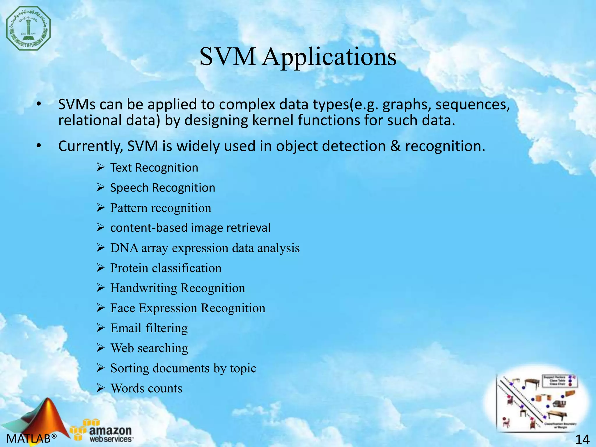 MATLAB®
SVM Applications
• SVMs can be applied to complex data types(e.g. graphs, sequences,
relational data) by designing kernel functions for such data.
• Currently, SVM is widely used in object detection & recognition.
 Text Recognition
 Speech Recognition
 Pattern recognition
 content-based image retrieval
 DNA array expression data analysis
 Protein classification
 Handwriting Recognition
 Face Expression Recognition
 Email filtering
 Web searching
 Sorting documents by topic
 Words counts
14
 