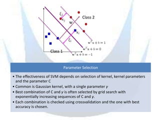 Class 2




                     Class 1


                               Parameter Selection

• The effectiveness of SVM depends on selection of kernel, kernel parameters
  and the parameter C
• Common is Gaussian kernel, with a single parameter γ
• Best combination of C and γ is often selected by grid search with
  exponentially increasing sequences of C and γ.
• Each combination is checked using crossvalidation and the one with best
  accuracy is chosen.
 