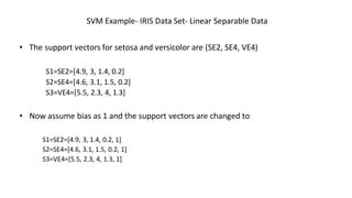 SVM Example- IRIS Data Set- Linear Separable Data
• The support vectors for setosa and versicolor are (SE2, SE4, VE4)
S1=SE2=[4.9, 3, 1.4, 0.2]
S2=SE4=[4.6, 3.1, 1.5, 0.2]
S3=VE4=[5.5, 2.3, 4, 1.3]
• Now assume bias as 1 and the support vectors are changed to
S1=SE2=[4.9, 3, 1.4, 0.2, 1]
S2=SE4=[4.6, 3.1, 1.5, 0.2, 1]
S3=VE4=[5.5, 2.3, 4, 1.3, 1]
 