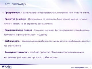 Key Takeaways Прозрачность  –  вы не можете контролировать и/или исправить того, что вы не видите. Принятие решений  –  Информация, по которой не было принято мер не улучшает ничего и затраты на ее обработку бессмысленны Индивидуальный подход  –  Каждая из ключевых  фигур предъявляет специфические требования к функциональности и удобству Мобильность  –  решение должно работать, там где вы вам это необходимо, а не там, где это возможно Коммуникативность  –  удобные средства обмена информации между ключевыми участниками процесса обязательны 