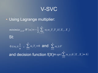 V-SVC
● Using Lagrange multiplier:
St:
, and
and decision function f(X)=
minimizeα∈Rd W (α)=−
1
2
∑
i , j=1
n
αi α j Y i Y j k ( X i , X j)
0≤αi≤
1
n
∑
i=1
n
αi Y i=0 ∑
i=1
n
αi≥V
sgn(∑
i=1
n
αi yi k ( X , X i)+ b)
 