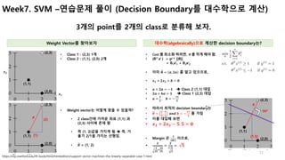 12
Week7. SVM –연습문제 풀이 (Decision Boundary를 대수학으로 계산)
3개의 point를 2개의 class로 분류해 보자.
• Weight vector는 어떻게 찾을 수 있을까?
• 2 class간에 가까운 좌표 (1,1) 과
(2,3) 사이에 존재 함
• 즉 (1, 2)값을 가지게 됨 è 즉, 기
울기 2/1을 가지는 선형임.
• 𝜽 = (1, 2)
Weight Vector를 찾아보자
• Class 1 : (2,3) 1개
• Class 2 : (1,1), (2,0) 2개
https://nlp.stanford.edu/IR-book/html/htmledition/support-vector-machines-the-linearly-separable-case-1.html
(2,3)
(1,1)
(2,0)
(2,3)
(1,1)
(2,0)
(2)
(1)
𝜽
대수학(algebraically)으로 계산한 decision boundary는?
• Cost 를 최소화 하려면, 𝜽 를 작게 해야 함.
• (θT xi ) = pi * ||θ||
= θ1xi
1 + θ2xi
2
• 이미 𝜽 = 𝒂, 𝟐𝒂 를 알고 있으므로,
• 𝒙 𝟏 + 𝟐𝒙 𝟐 + 𝒃 = 𝟎
• 𝒂 + 𝟐𝒂 = −𝟏 è Class 2 (1,1) 대입
• 𝟐𝒂 + 𝟔𝒂 = 𝟏 è Class 1 (2,3) 대입
• 𝒂 =
𝟐
𝟓
, 		𝒃 = −
𝟏𝟏
𝟓
• 따라서 최적의 decision boundary는
• 𝜽 =
𝟐
𝟓
,
𝟒
𝟓
	𝒂𝒏𝒅	𝒃 = −
𝟏𝟏
𝟓
를 가짐
• 이를 대입해 보면
• 𝒙 𝟏 + 𝟐𝒙 𝟐 − 𝟓. 𝟓 = 𝟎
• Margin 은
𝟐
𝑾
이므로,
•
𝟐
𝟒
𝟐𝟓
l
𝟏𝟔
𝟐𝟓
=
𝟐
𝟓
𝟓
𝟐
=	 𝟓
(2,3)
(1,1)
(2,0)
(1.5)
𝜽
𝒙 𝟏
𝒙 𝟐
𝟗𝟎 𝒐
 