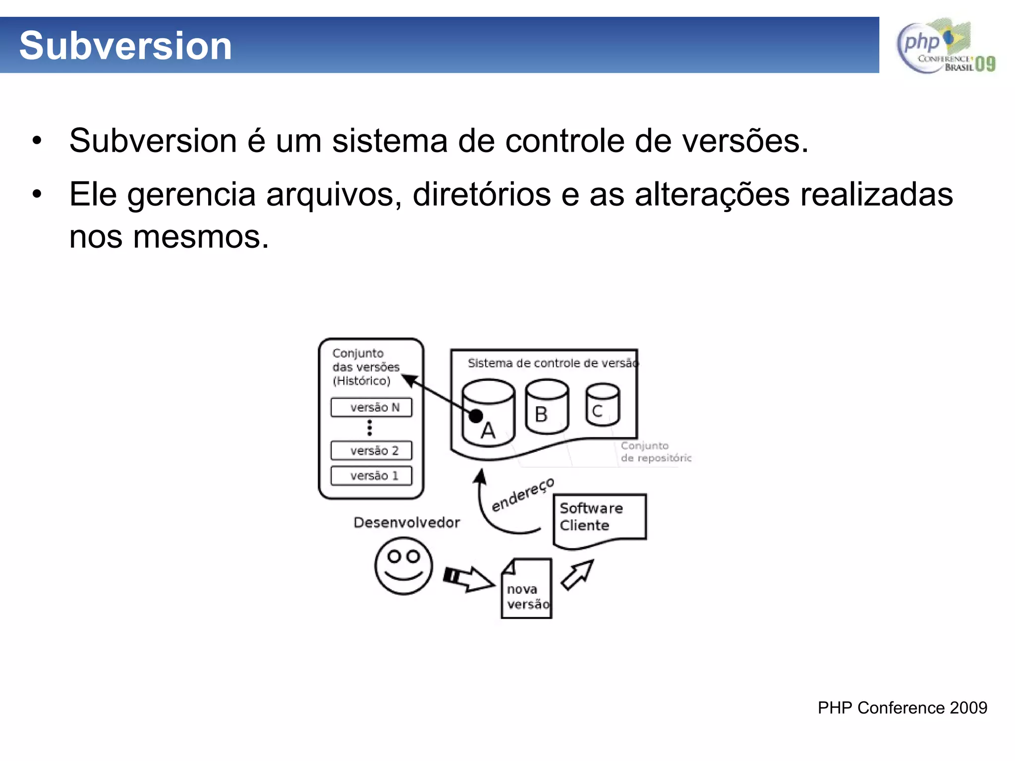 Subversion Subversion é um sistema de controle de versões.  Ele gerencia arquivos, diretórios e as alterações realizadas nos mesmos. 