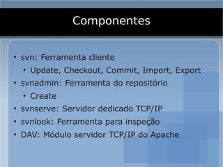 Componentes

●
    svn: Ferramenta cliente
    ●
        Update, Checkout, Commit, Import, Export
●
    svnadmin: Ferramenta do repositório
    ●
        Create
●
    svnserve: Servidor dedicado TCP/IP
●
    svnlook: Ferramenta para inspeção
●
    DAV: Módulo servidor TCP/IP do Apache
 