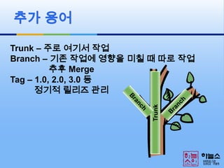 추가 용어Trunk – 주로 여기서 작업Branch – 기존 작업에 영향을 미칠 때 따로 작업추후 MergeTag – 1.0, 2.0, 3.0 등정기적 릴리즈 관리BranchBranchTrunk