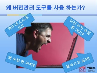 왜 버전관리 도구를 사용 하는가?악!! 내 소스코드!!이건 누가 수정한 거지?왜 수정 한 거지?돌아가고 싶어!