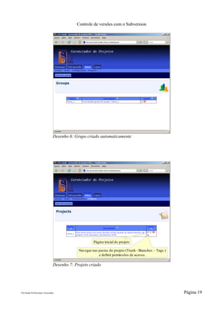 Controle de versões com o Subversion




                                 Desenho 6: Grupo criado automaticamente




                                                       Página inicial do projeto

                                              Navegar nas pastas do projeto (Trunk - Branches – Tags )
                                                          e definir permissões de acesso.

                                 Desenho 7: Projeto criado




Pró-Saúde Profissionais Associados                                                                       Página 19
 
