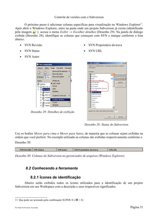 Controle de versões com o Subversion

        O próximo passo é adicionar colunas específicas para visualização no Windows Explorer11.
Após abrir o Windows Explorer, entre na pasta onde um projeto Subversion já exista (identificado
pela imagem     ) acesse o menu Exibir → Escolher detalhes (Desenho 29). Na janela de diálogo
exibida (Desenho 28), identifique as colunas que começam com SVN e marque conforme a lista
abaixo:
       ●      SVN Revisão                                    ●   SVN Proprietário da trava
       ●      SVN Status                                     ●   SVN URL
       ●      SVN Autor




                       Desenho 29: Detalhes de exibição


                                                              Desenho 28: Status do Subversion

Use os botões Mover para cima e Mover para baixo, de maneira que as colunas sejam exibidas na
ordem que você preferir. No exemplo utilizado as colunas são exibidas respectivamente conforme o
Desenho 30.



Desenho 30: Colunas do Subversion no gerenciador de arquivos (Windows Explorer)


               8.2 Conhecendo a ferramenta

                      8.2.1 Ícones de identificação
      Abaixo serão exibidos todos os ícones utilizados para a identificação de um projeto
Subversion em seu Workspace com a descrição e seus respectivos significados.



11 Que pode ser acionado pela combinação SUPER+E ( + E)

Pró-Saúde Profissionais Associados                                                               Página 31
 