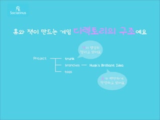 휴와 잭이 만드는 게임         디렉토리의 구조예요
                         잭이 열심히
                         달리고 있어요
    Project   trunk
              branches      Hugh’s Brilliant Idea
              tags
                                  휴가 편안하게
                                  작업하고 있어요
 