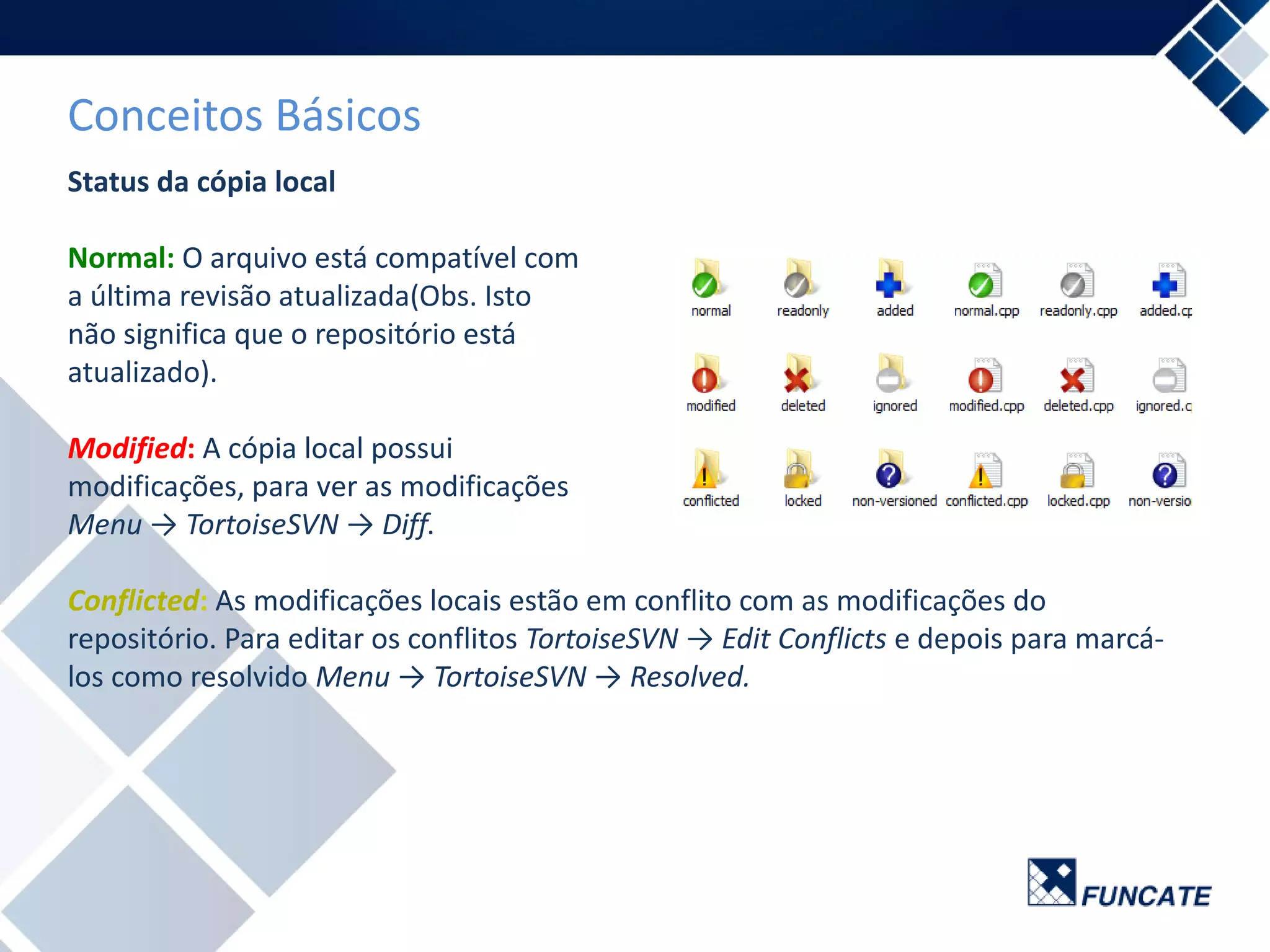 Conceitos Básicos
Status da cópia local
Normal: O arquivo está compatível com
a última revisão atualizada(Obs. Isto
não significa que o repositório está
atualizado).
Modified: A cópia local possui
modificações, para ver as modificações
Menu → TortoiseSVN → Diff.
Conflicted: As modificações locais estão em conflito com as modificações do
repositório. Para editar os conflitos TortoiseSVN → Edit Conflicts e depois para marcá-
los como resolvido Menu → TortoiseSVN → Resolved.
 