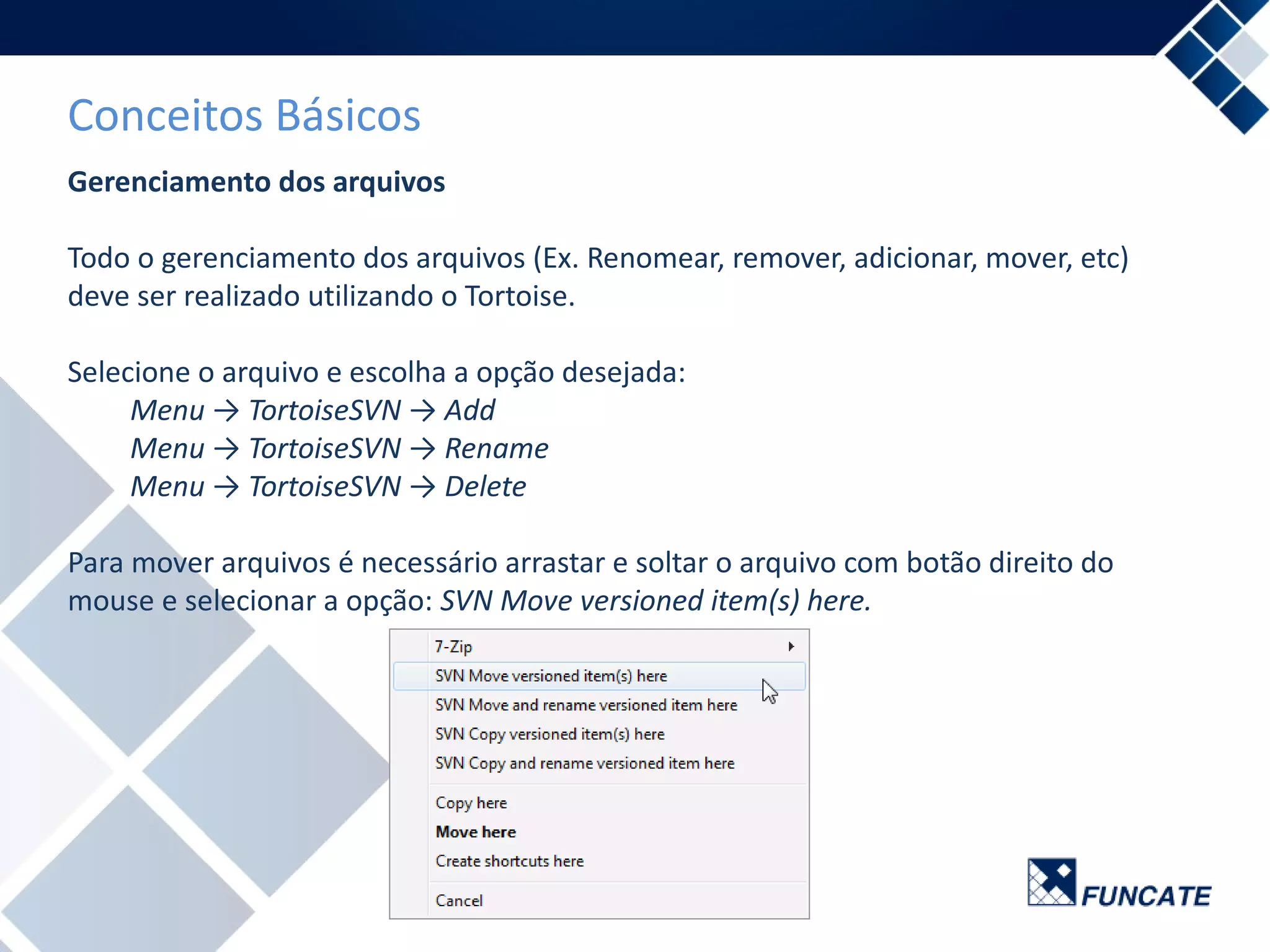 Conceitos Básicos
Gerenciamento dos arquivos
Todo o gerenciamento dos arquivos (Ex. Renomear, remover, adicionar, mover, etc)
deve ser realizado utilizando o Tortoise.
Selecione o arquivo e escolha a opção desejada:
Menu → TortoiseSVN → Add
Menu → TortoiseSVN → Rename
Menu → TortoiseSVN → Delete
Para mover arquivos é necessário arrastar e soltar o arquivo com botão direito do
mouse e selecionar a opção: SVN Move versioned item(s) here.
 