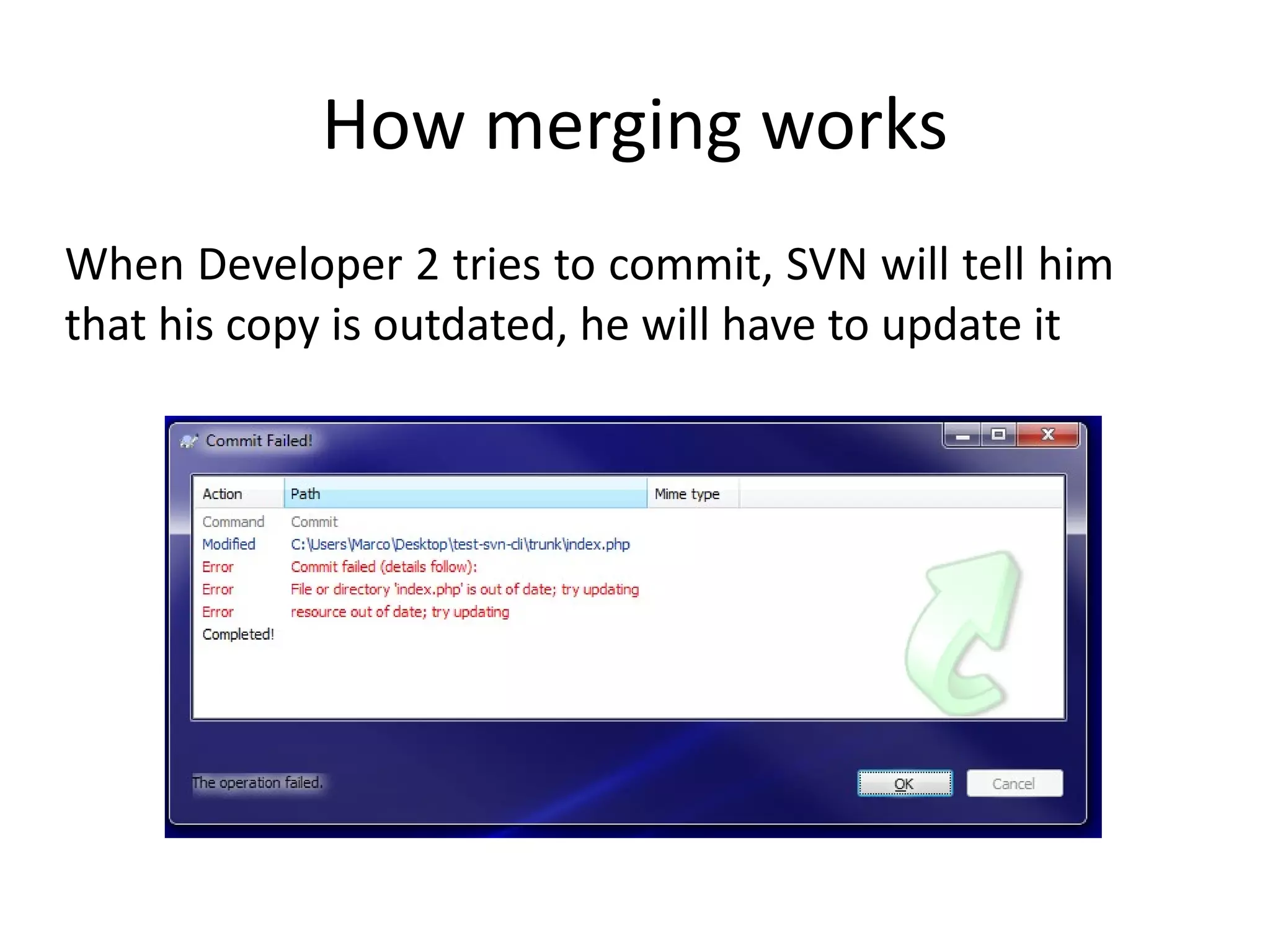 How merging works
When Developer 2 tries to commit, SVN will tell him
that his copy is outdated, he will have to update it
 