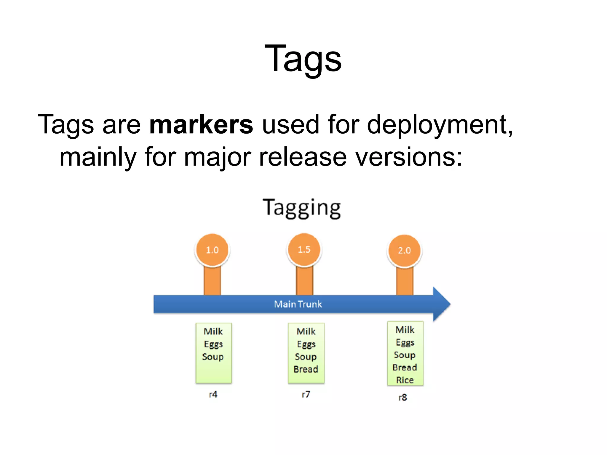 Tags
Tags are markers used for deployment,
  mainly for major release versions:
 