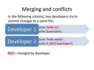 Merging and conflicts
In the following schema, two developers try to
commit changes to a same file:
                    echo ‘hello to’;
Developer 1         echo $username;

                    echo ‘hello world ’;
Developer 2         echo $_GET[‘username’];


RED = changed by developer
 
