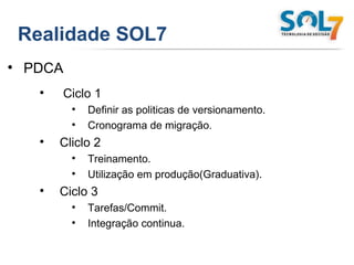 Realidade SOL7 PDCA Ciclo 1 Definir as politicas de versionamento. Cronograma de migração. Cliclo 2 Treinamento. Utilização em produção(Graduativa). Ciclo 3 Tarefas/Commit. Integração continua. 