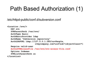 Path Based Authorization (1) /etc/httpd-public/conf.d/subversion.conf  <Location /svn/> DAV svn SVNParentPath /var/svn/ AuthType Basic AuthBasicProvider ldap AuthName "Subversion repository“ AuthLDAPURL ldap://127.0.0.1:389/ou=People, o=mycompany.com?uid?sub?(objectClass=*) Require valid-user AuthzSVNAccessFile /var/svn/svn-access-file.conf Options Indexes SVNListParentPath on </Location> 