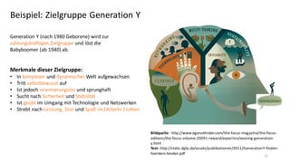 Beispiel: Zielgruppe Generation Y
Generation Y (nach 1980 Geborene) wird zur
zahlungskräftigen Zielgruppe und löst die
Babyboomer (ab 1940) ab.

Merkmale dieser Zielgruppe:
•
•
•
•
•
•

In komplexer und dynamischer Welt aufgewachsen
Tritt selbstbewusst auf
Ist jedoch orientierungslos und sprunghaft
Sucht nach Sicherheit und Stabilität
Ist geübt im Umgang mit Technologie und Netzwerken
Strebt nach Leistung, Sinn und Spaß im (Arbeits-) Leben

Bildquelle: http://www.egonzehnder.com/the-focus-magazine/the-focuseditions/the-focus-volume-20091-reward/expertise/wooing-generationy.html
Text: http://static.dgfp.de/assets/publikationen/2011/GenerationY-findenfoerdern-binden.pdf
15

 