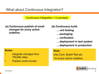 What about Continuous Integration?

                Continuous Integration = 2 concepts


(a) Continuous publish of small      (b) Continuous build
    changes for every active              ... unit testing
    codeline.                             ... packaging
                                          ... verification
                                          ... deployment in test system
                                          ... deployment in production
Rules:                                Rule:
•    Integrate changes from           Use Cont. Build+Test etc.
     TRUNK often                      for every active codeline.
•    Publish small chunks


Alex Schwartz                                                             16
 