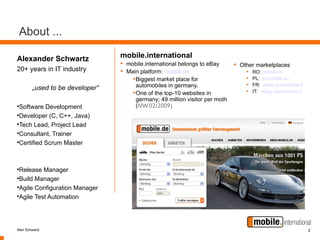 About ...

Alexander Schwartz               mobile.international
                                  mobile.international belongs to eBay        Other marketplaces
20+ years in IT industry          Main platform: mobile.de                       •   RO: mobile.ro
                                     • Biggest market place for                   •   PL: pl.mobile.eu
                                       automobiles in germany.                    •   FR: ebay-automobile.fr
        „used to be developer“                                                    •   IT: ebay-automobile.it
                                     • One of the top-10 websites in
                                       germany; 49 million visitor per moth

  Software Development                 (IVW 02/2009)

  Developer (C, C++, Java)

  Tech Lead, Project Lead

  Consultant, Trainer

  Certified Scrum Master




  Release Manager

  Build Manager

  Agile Configuration Manager

  Agile Test Automation




Alex Schwartz                                                                                                  2
 
