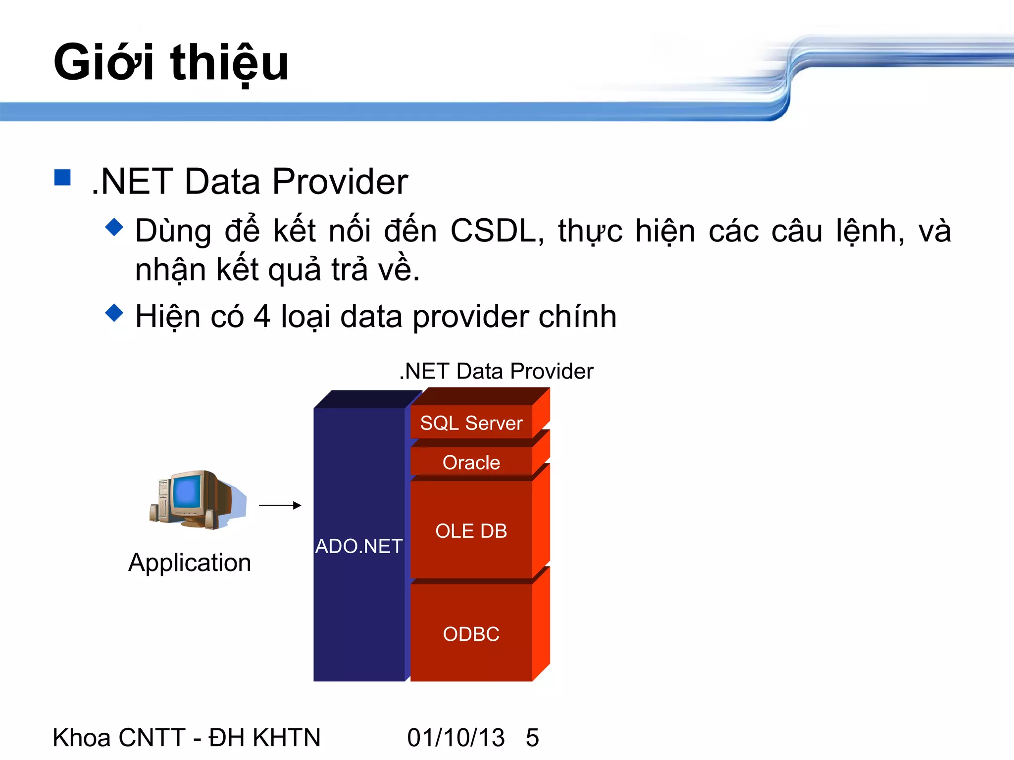 Giới thiệu

   .NET Data Provider
     Dùng để kết nối đến CSDL, thực hiện các câu lệnh, và
      nhận kết quả trả về.
     Hiện có 4 loại data provider chính

                            .NET Data Provider

                                SQL Server

                                  Oracle


                                  OLE DB
                      ADO.NET
        Application

                                  ODBC




Khoa CNTT - ĐH KHTN             01/10/13 5
 