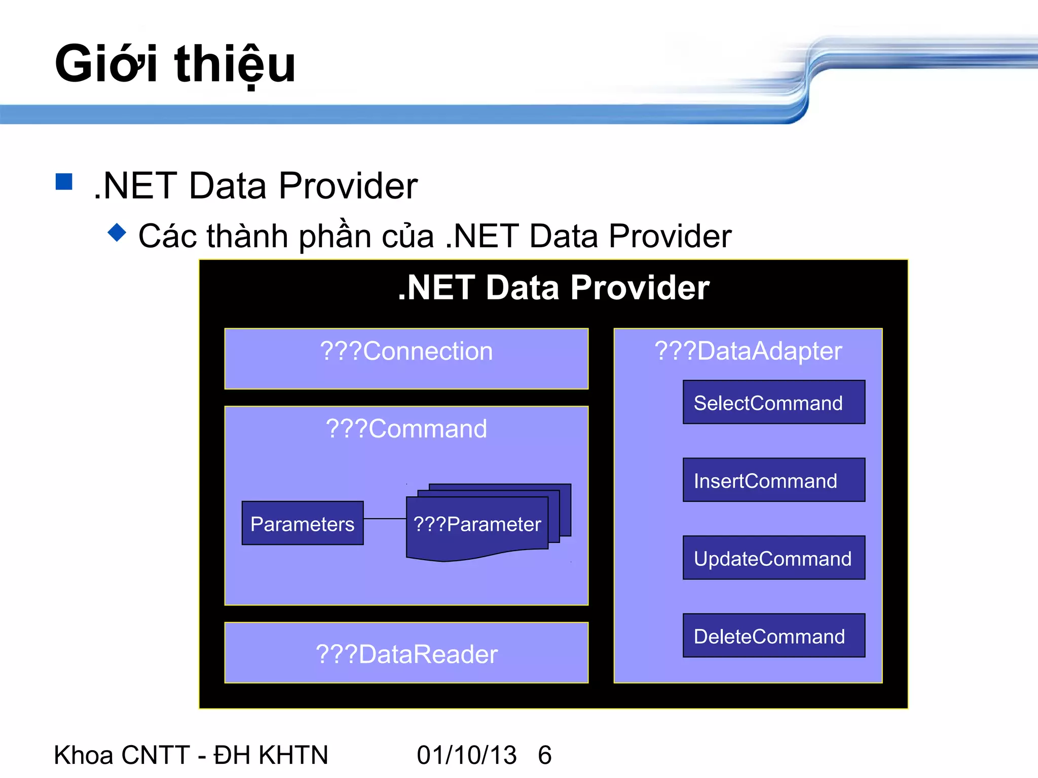 Giới thiệu

   .NET Data Provider
       Các thành phần của .NET Data Provider
                            .NET Data Provider
                     ???Connection         ???DataAdapter
                                             SelectCommand
                      ???Command
                                             InsertCommand

               Parameters   ???Parameter
                                             UpdateCommand


                                             DeleteCommand
                     ???DataReader


Khoa CNTT - ĐH KHTN          01/10/13 6
 