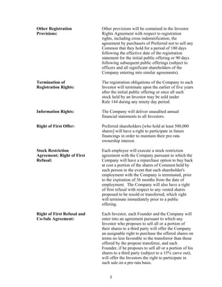 Other Registration           Other provisions will be contained in the Investor
Provisions:                  Rights Agreement with respect to registration
                             rights, including cross indemnification, the
                             agreement by purchasers of Preferred not to sell any
                             Common that they hold for a period of 180 days
                             following the effective date of the registration
                             statement for the initial public offering or 90 days
                             following subsequent public offerings (subject to
                             officers and all significant shareholders of the
                             Company entering into similar agreements).

Termination of               The registration obligations of the Company to each
Registration Rights:         Investor will terminate upon the earlier of five years
                             after the initial public offering or once all such
                             stock held by an Investor may be sold under
                             Rule 144 during any ninety day period.

Information Rights:          The Company will deliver unaudited annual
                             financial statements to all Investors.

Right of First Offer:        Preferred shareholders [who hold at least 500,000
                             shares] will have a right to participate in future
                             financings in order to maintain their pro rata
                             ownership interest.

Stock Restriction            Each employee will execute a stock restriction
Agreement; Right of First    agreement with the Company pursuant to which the
Refusal:                     Company will have a repurchase option to buy back
                             at cost a portion of the shares of Common held by
                             such person in the event that such shareholder's
                             employment with the Company is terminated, prior
                             to the expiration of 36 months from the date of
                             employment. The Company will also have a right
                             of first refusal with respect to any vested shares
                             proposed to be resold or transferred, which right
                             will terminate immediately prior to a public
                             offering.

Right of First Refusal and   Each Investor, each Founder and the Company will
Co-Sale Agreement:           enter into an agreement pursuant to which any
                             Investor who proposes to sell all or a portion of
                             their shares to a third party will offer the Company
                             an assignable right to purchase the offered shares on
                             terms no less favorable to the transferror than those
                             offered by the propose transferee, and each
                             Founder, if he proposes to sell all or a portion of his
                             shares to a third party (subject to a 15% carve out),
                             will offer the Investors the right to participate in
                             such sale on a pro rata basis.


                                 5
 
