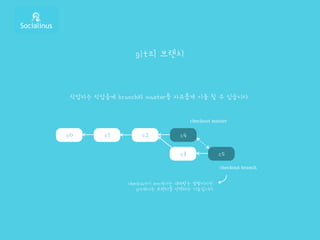 c1
git의 브랜치
c2c0 c4
c3 c5
checkout master
checkout branch
작업자는 작업중에 branch와 master를 자유롭게 이동 할 수 있습니다.
checkout이 svn에서는 내려받는 명령이지만,
git에서는 브랜치를 선택하는 기능입니다.
 