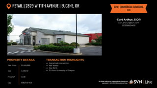 All SVN® offices are independently owned and operated. © 2024
SVN International Corp.
All SVN® offices are independently owned and
operated. © 2024 SVN International Corp.
Sale Price
Size
Price/SF
Cap
PROPERTY DETAILS TRANSACTION HIGHLIGHTS
RETAIL | 2829 W 11TH AVENUE | EUGENE, OR
$1,459,999
3,495 SF
$418
● Signalized intersection
● Net leased
● Key Bank
● 3.5 from University of Oregon
Curt Arthur, SIOR
curt.arthur@svn.com
503.588.0400
SVN | COMMERCIAL ADVISORS,
LLC
$98,746 NOI
 