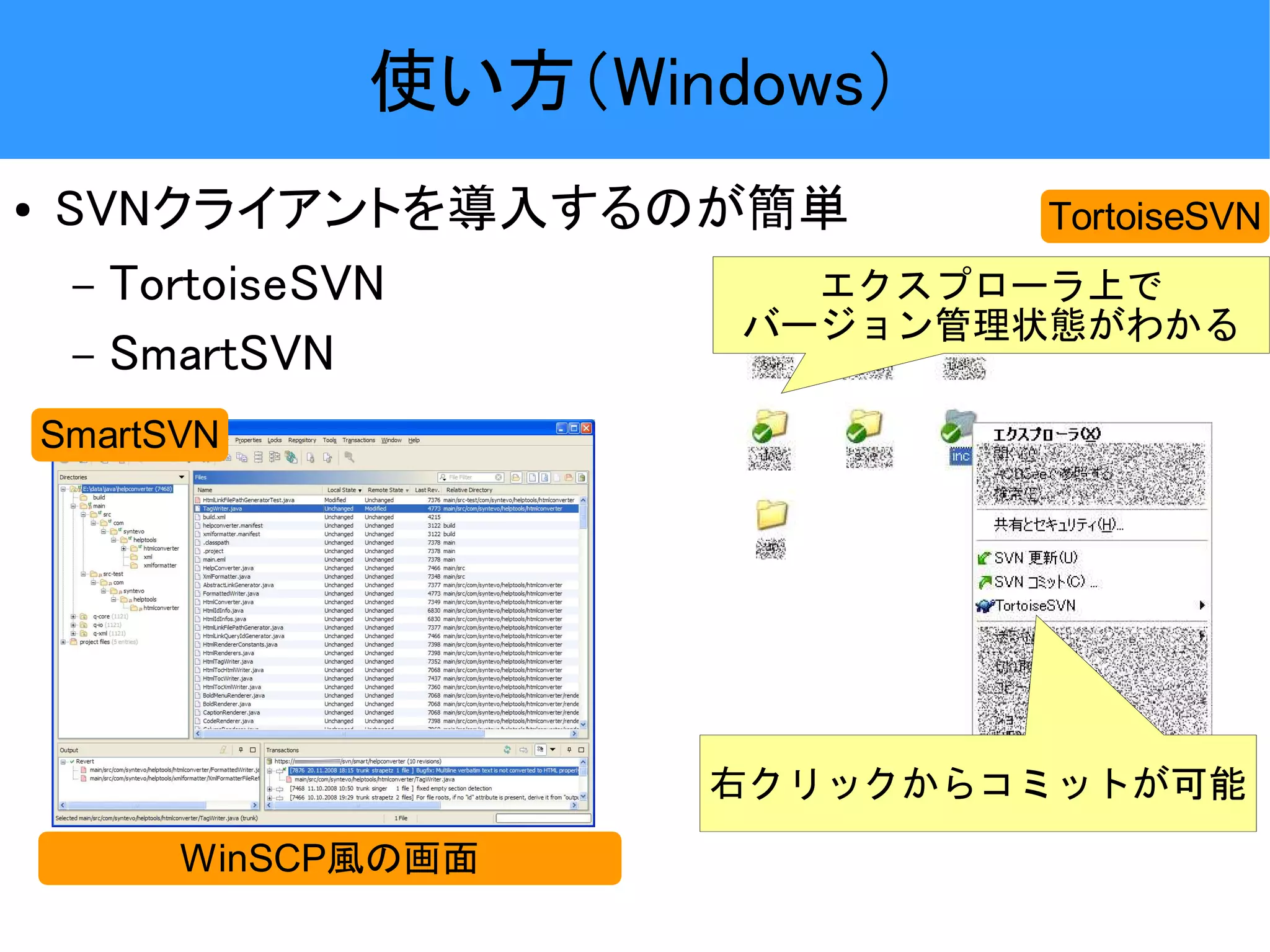使い方（Windows） ● SVNクライアントを導入するのが簡単 TortoiseSVN – TortoiseSVN エクスプローラ上で バージョン管理状態がわかる – SmartSVN SmartSVN 右クリックからコミットが可能 WinSCP風の画面 