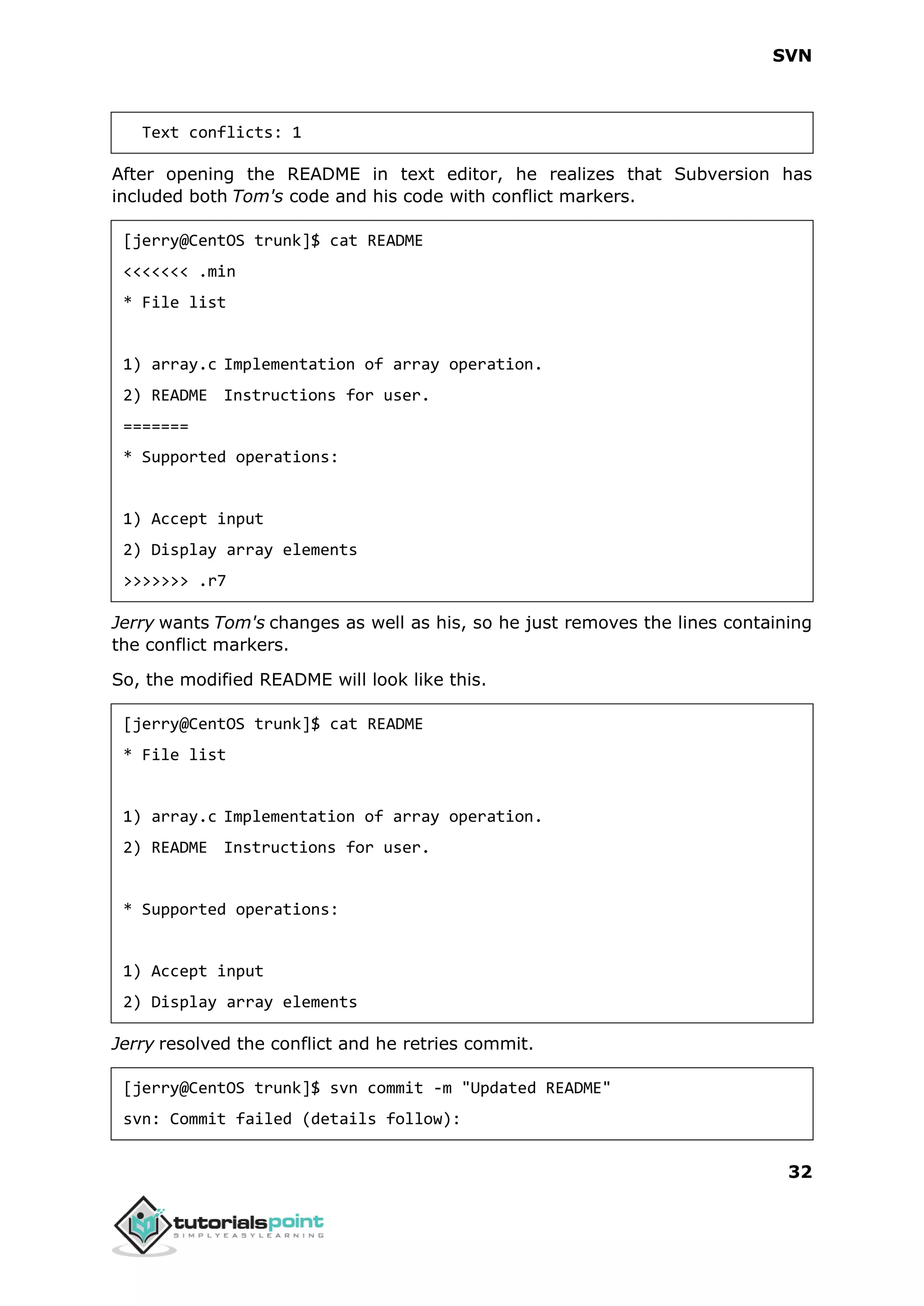 SVN 32 Text conflicts: 1 After opening the README in text editor, he realizes that Subversion has included both Tom's code and his code with conflict markers. [jerry@CentOS trunk]$ cat README <<<<<<< .min * File list 1) array.c Implementation of array operation. 2) README Instructions for user. ======= * Supported operations: 1) Accept input 2) Display array elements >>>>>>> .r7 Jerry wants Tom's changes as well as his, so he just removes the lines containing the conflict markers. So, the modified README will look like this. [jerry@CentOS trunk]$ cat README * File list 1) array.c Implementation of array operation. 2) README Instructions for user. * Supported operations: 1) Accept input 2) Display array elements Jerry resolved the conflict and he retries commit. [jerry@CentOS trunk]$ svn commit -m "Updated README" svn: Commit failed (details follow): 
