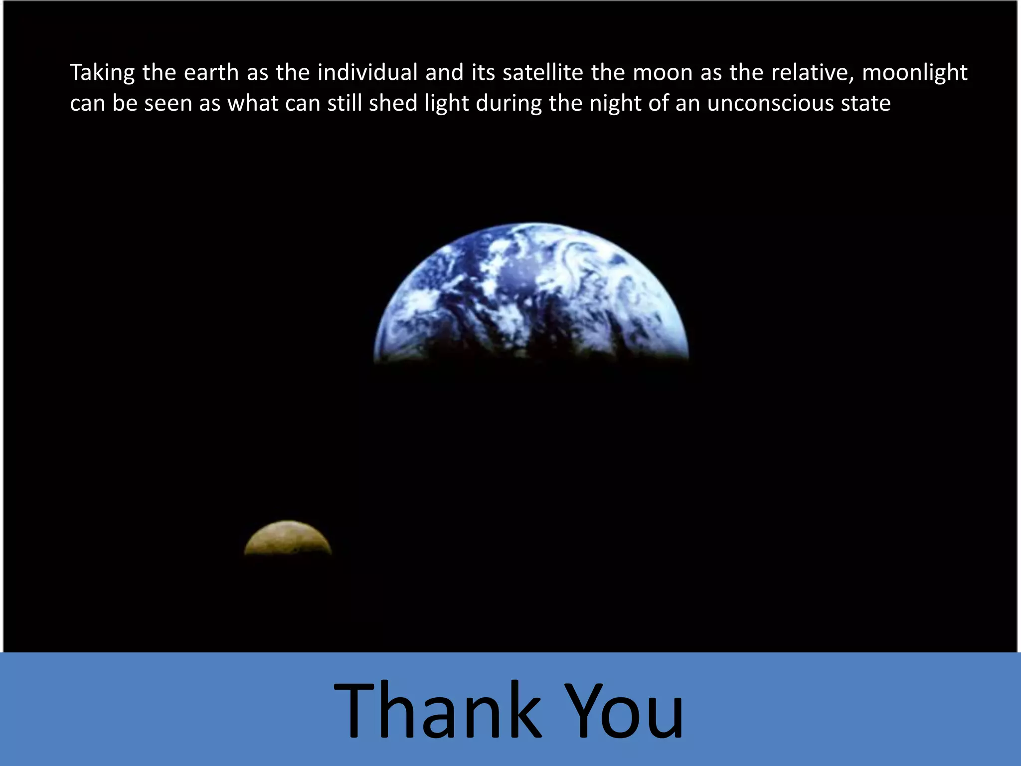 Thank You
Taking the earth as the individual and its satellite the moon as the relative, moonlight
can be seen as what can still shed light during the night of an unconscious state
 
