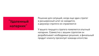 “Удаленный
напарник”
Решение для ситуаций, когда еще один стратег
в расширенный штат не находится,
а джуниор-стратеги не справляются
!
У вашего текущего стратега появляется опытный
напарник. Совместно с вашим стратегом он
разрабатывает необходимые решения, а финальный
продукт клиенту презентует команда агентства
 