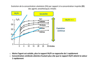 FA/FI Solubilité
Captation
continue
o Moins l’agent est soluble, plus le rapport FA/Fi se rapproche de 1 rapidement
o Concentration cérébrale atteinte d'autant plus vite que le rapport FA/Fi atteint la valeur
1 rapidement
FA/Fi = 1
Evolution de la concentration alvéolaire (FA) par rapport à la concentration inspirée (FI)
des agents anesthésiques inhalés
 