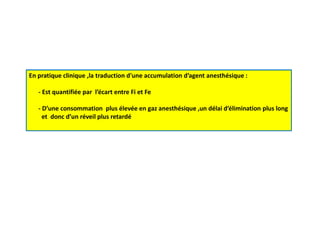 En pratique clinique ,la traduction d'une accumulation d’agent anesthésique :
- Est quantifiée par l’écart entre Fi et Fe
- D’une consommation plus élevée en gaz anesthésique ,un délai d’élimination plus long
et donc d’un réveil plus retardé
 
