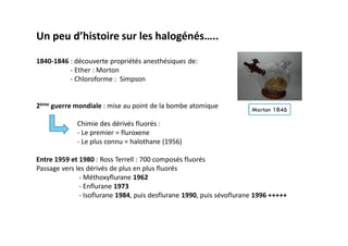 Un peu d’histoire sur les halogénés…..
1840-1846 : découverte propriétés anesthésiques de:
- Ether : Morton
- Chloroforme : Simpson
2ème guerre mondiale : mise au point de la bombe atomique
Chimie des dérivés fluorés :
- Le premier = fluroxene
- Le plus connu = halothane (1956)
Entre 1959 et 1980 : Ross Terrell : 700 composés fluorés
Passage vers les dérivés de plus en plus fluorés
- Méthoxyflurane 1962
- Enflurane 1973
- Isoflurane 1984, puis desflurane 1990, puis sévoflurane 1996 +++++
Morton 1846
 