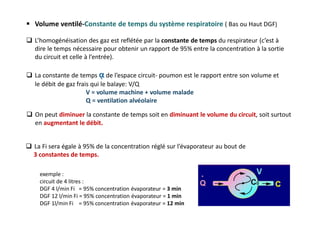  Volume ventilé-Constante de temps du système respiratoire ( Bas ou Haut DGF)
 La Fi sera égale à 95% de la concentration réglé sur l’évaporateur au bout de
3 constantes de temps.
exemple :
circuit de 4 litres :
DGF 4 l/min Fi = 95% concentration évaporateur = 3 min
DGF 12 l/min Fi = 95% concentration évaporateur = 1 min
DGF 1l/min Fi = 95% concentration évaporateur = 12 min
 La constante de temps ᾳ de l’espace circuit- poumon est le rapport entre son volume et
le débit de gaz frais qui le balaye: V/Q
V = volume machine + volume malade
Q = ventilation alvéolaire
 On peut diminuer la constante de temps soit en diminuant le volume du circuit, soit surtout
en augmentant le débit.
 L’homogénéisation des gaz est reflétée par la constante de temps du respirateur (c’est à
dire le temps nécessaire pour obtenir un rapport de 95% entre la concentration à la sortie
du circuit et celle à l’entrée).
 