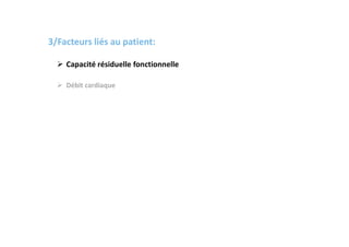 3/Facteurs liés au patient:
 Capacité résiduelle fonctionnelle
 Débit cardiaque
 