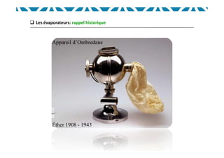  Les évaporateurs: rappel historique
Appareil d’Ombredane
Éther 1908 - 1943
 