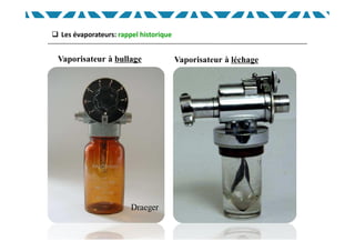  Les évaporateurs: rappel historique
Vaporisateur à bullage
Draeger
Vaporisateur à léchage
 
