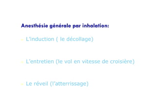  L’induction ( le décollage)
 L’entretien (le vol en vitesse de croisière)
 Le réveil (l’atterrissage)
Anesthésie générale par inhalation:
 