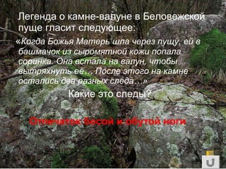 Легенда о камне-валуне в Беловежской
пуще гласит следующее:
«Когда Божья Матерь шла через пущу, ей в
башмачок из сыромятной кожи попала
соринка. Она встала на валун, чтобы
вытряхнуть её… После этого на камне
остались два разных следа…»
Какие это следы?
Отпечаток босой и обутой ноги
 