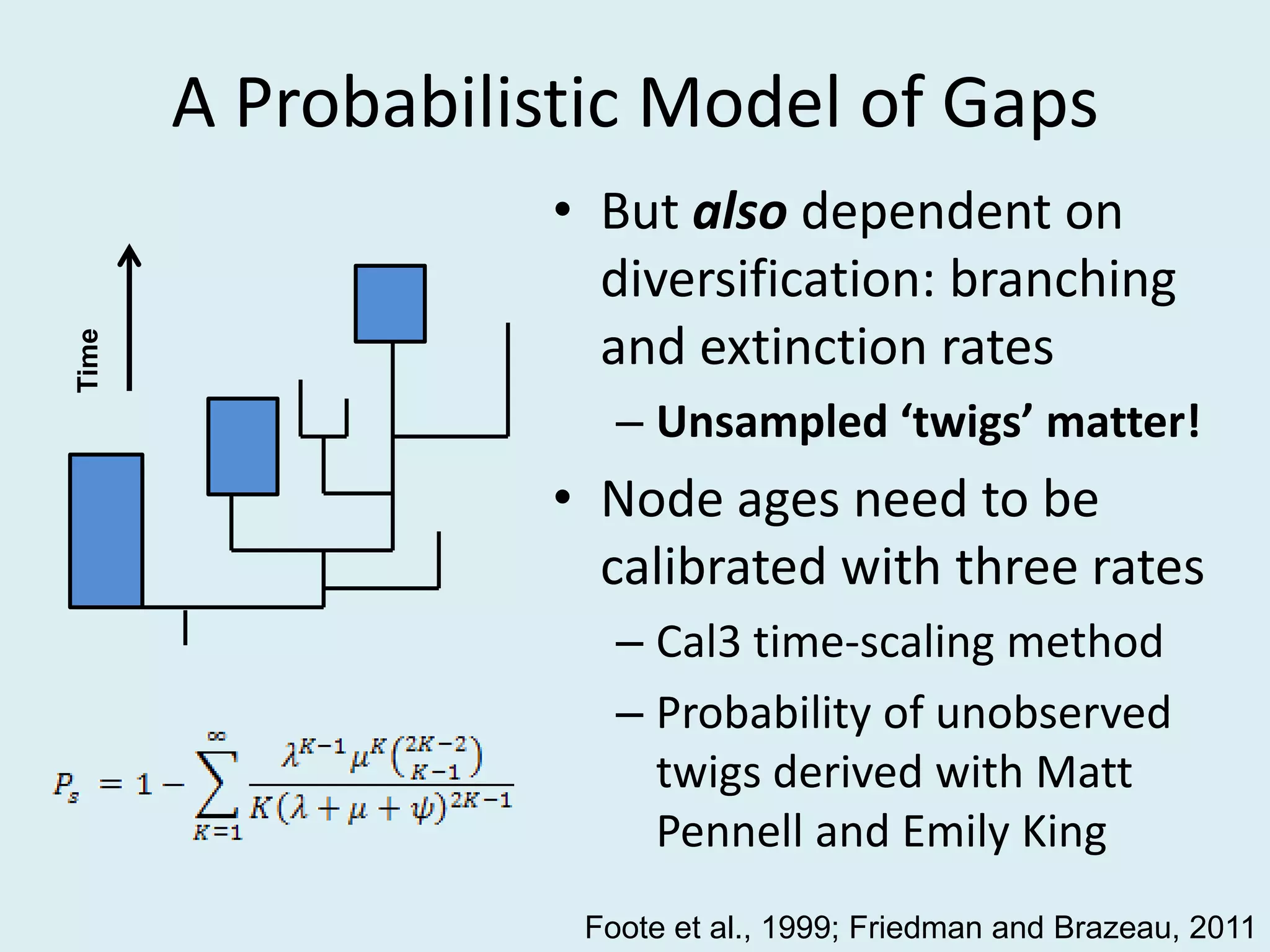 A Probabilistic Model of Gaps
• But also dependent on
diversification: branching
and extinction rates
– Unsampled ‘twigs’ matter!
• Node ages need to be
calibrated with three rates
– Cal3 time-scaling method
– Probability of unobserved
twigs derived with Matt
Pennell and Emily King
Foote et al., 1999; Friedman and Brazeau, 2011
Time
 