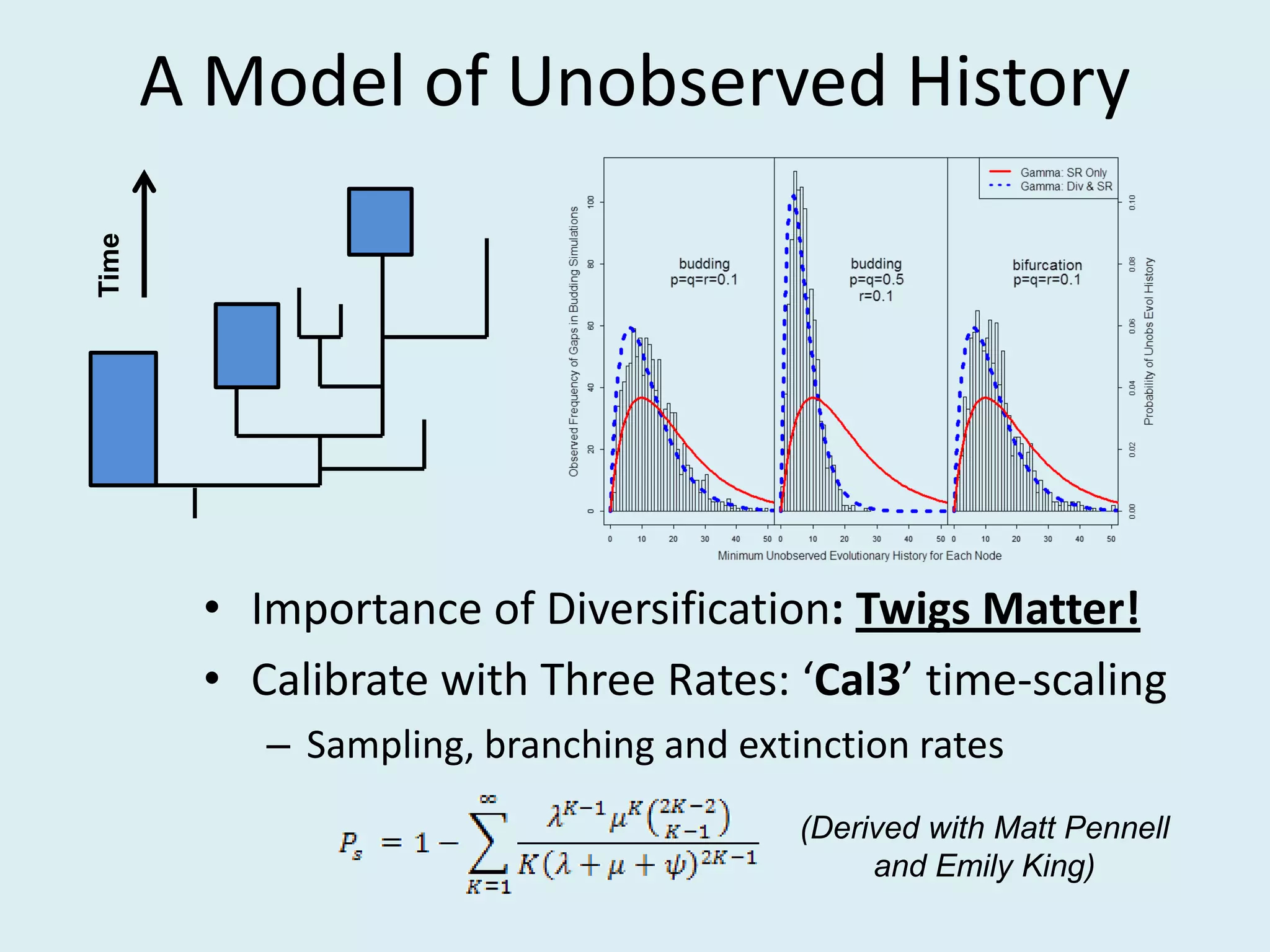 A Model of Unobserved History
• Importance of Diversification: Twigs Matter!
• Calibrate with Three Rates: ‘Cal3’ time-scaling
– Sampling, branching and extinction rates
Time
(Derived with Matt Pennell
and Emily King)
 